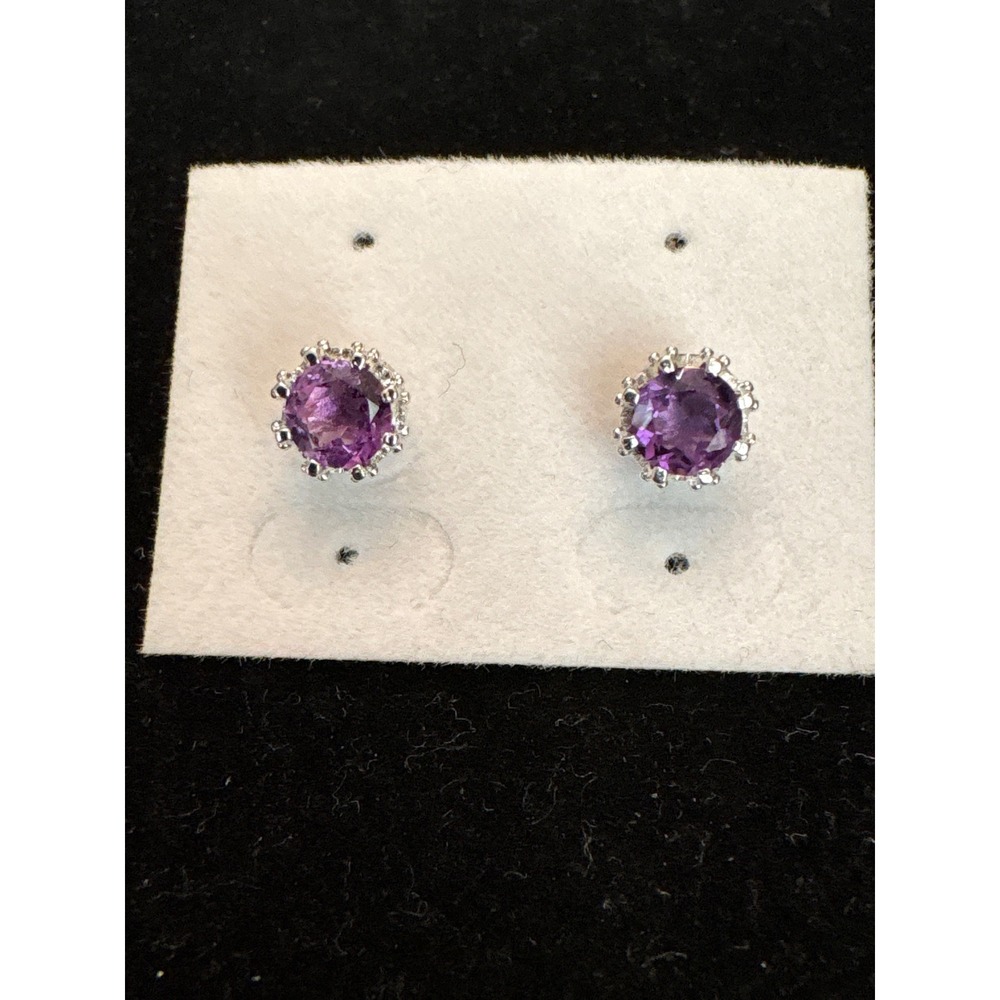 Purple Amethyst Round Stud Earrings Silver Crown‎ Setting February Birthstone